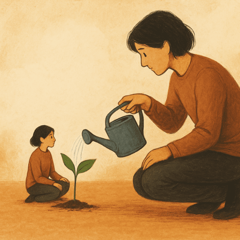 Illustrazione simbolica di una persona che annaffia una piantina da cui cresce una versione di sé stessa – metafora del dialogo interiore e della crescita personale