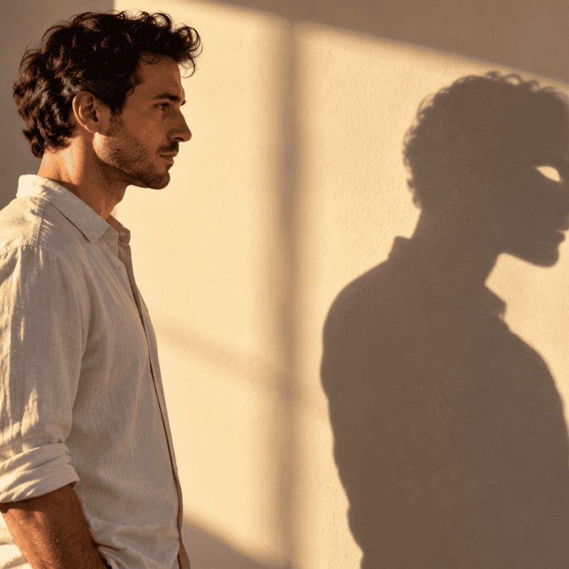 Uomo accanto a una parete illuminata, con un’ombra dal volto di maschera: metafora del giudizio interiorizzato.