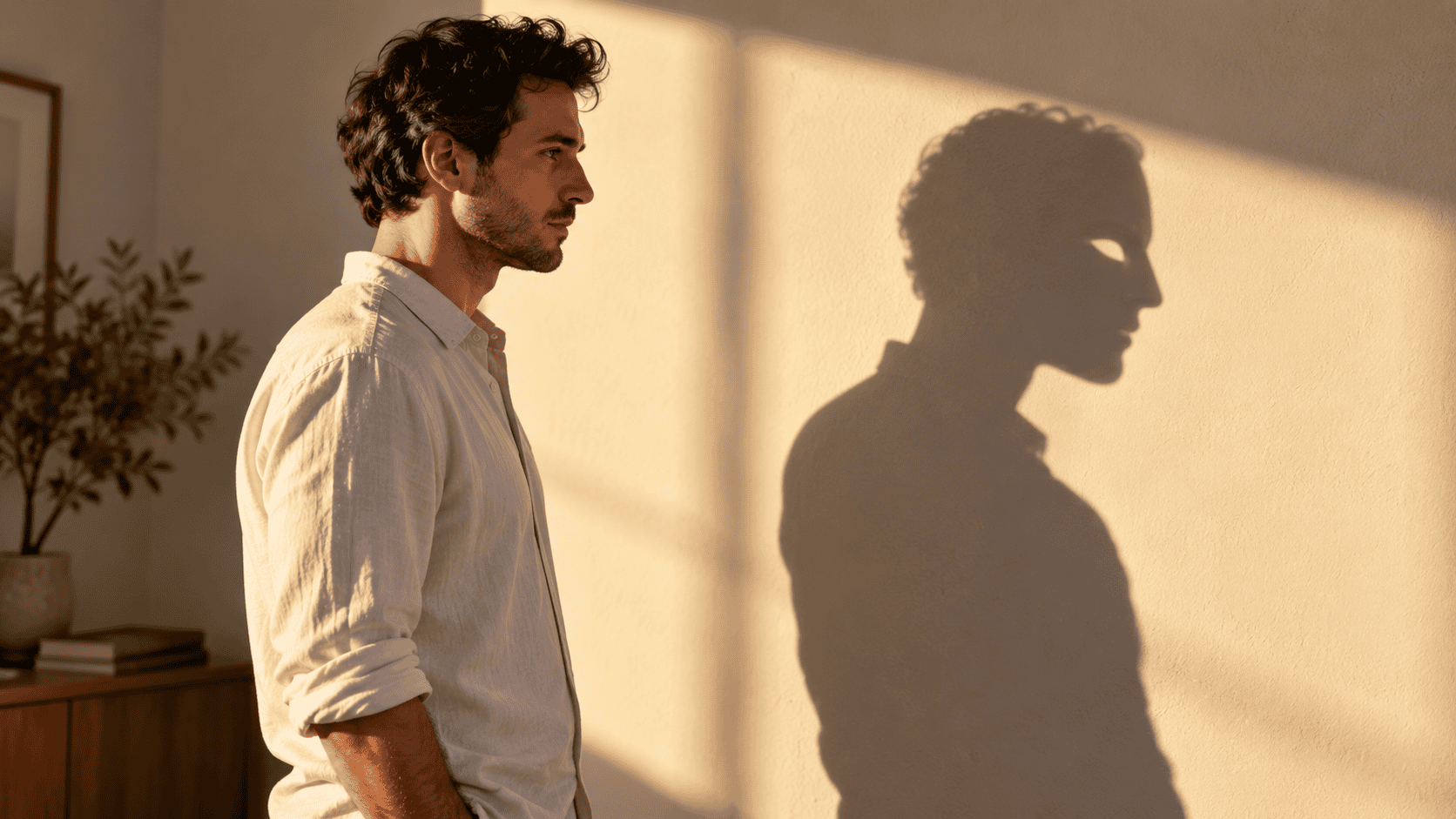 Uomo accanto a una parete illuminata, con un’ombra dal volto di maschera: metafora del giudizio interiorizzato.