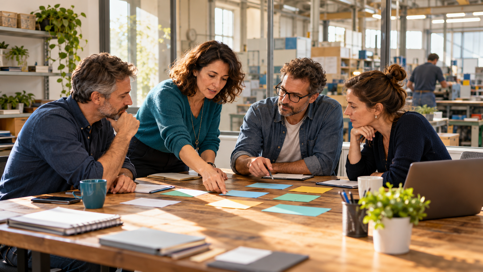 Collaboratori discutono ruoli e responsabilità attorno a un tavolo per lavorare più autonomi.